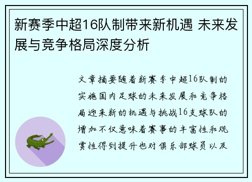 新赛季中超16队制带来新机遇 未来发展与竞争格局深度分析 新赛季中超16队制带来新机遇 未来发展与竞争格局深度分析