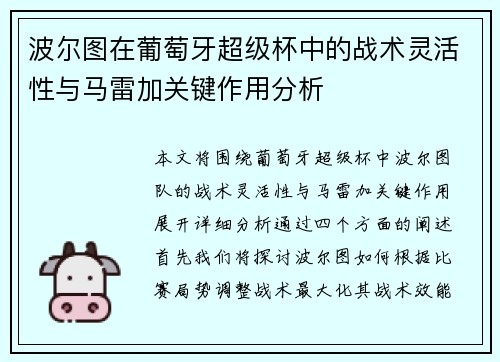 波尔图在葡萄牙超级杯中的战术灵活性与马雷加关键作用分析